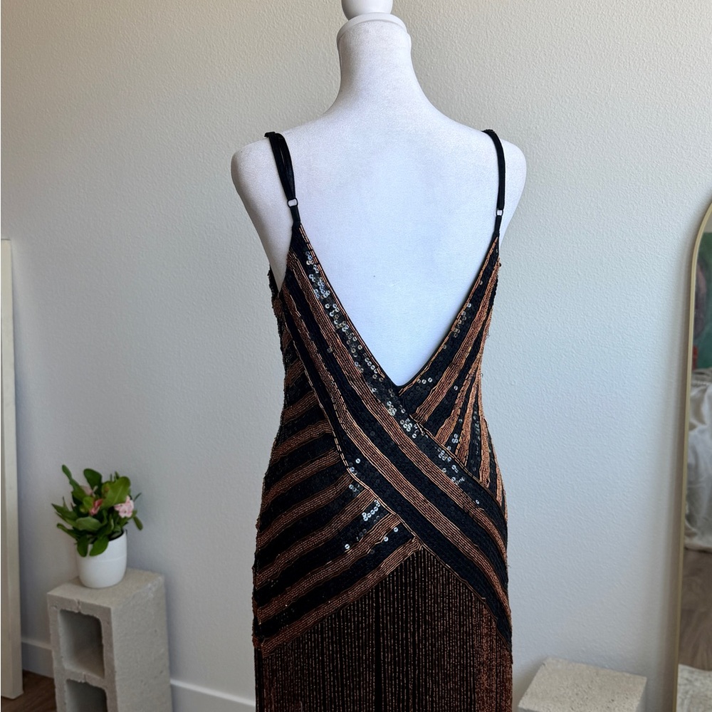 Sue Wong Hand Beaded Black + Copper Sequin V-Back Evening Dress